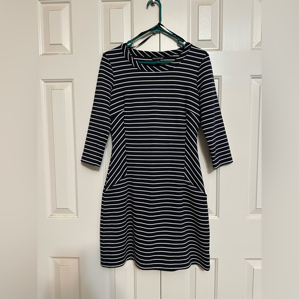 Nina Leonard Blue and White Striped Dress with pockets- Size Small.